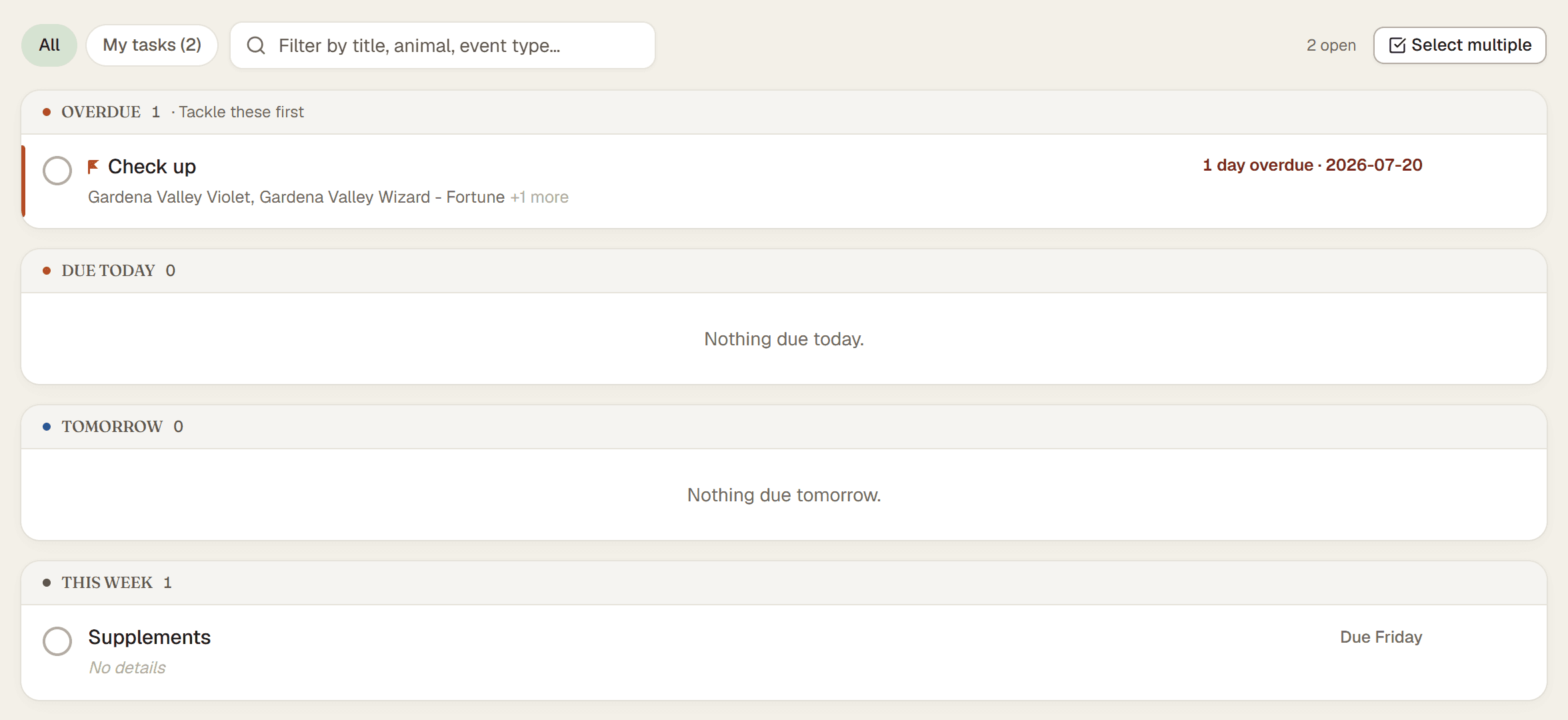 The task list with a task due today and a repeating one showing its next due date.