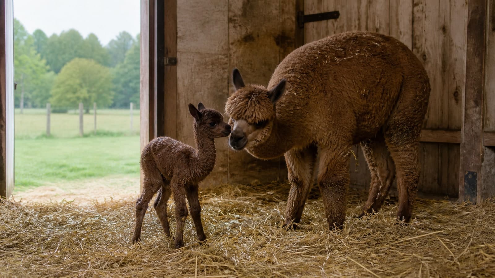 Newborn cria standing beside its dam in a straw-bedded barn
