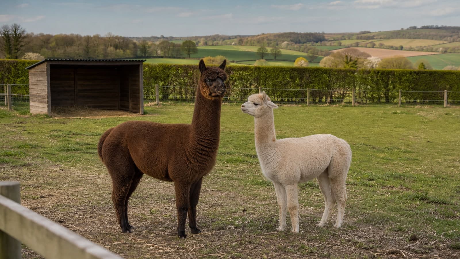 Brown and white alpacas standing together in a fenced pasture