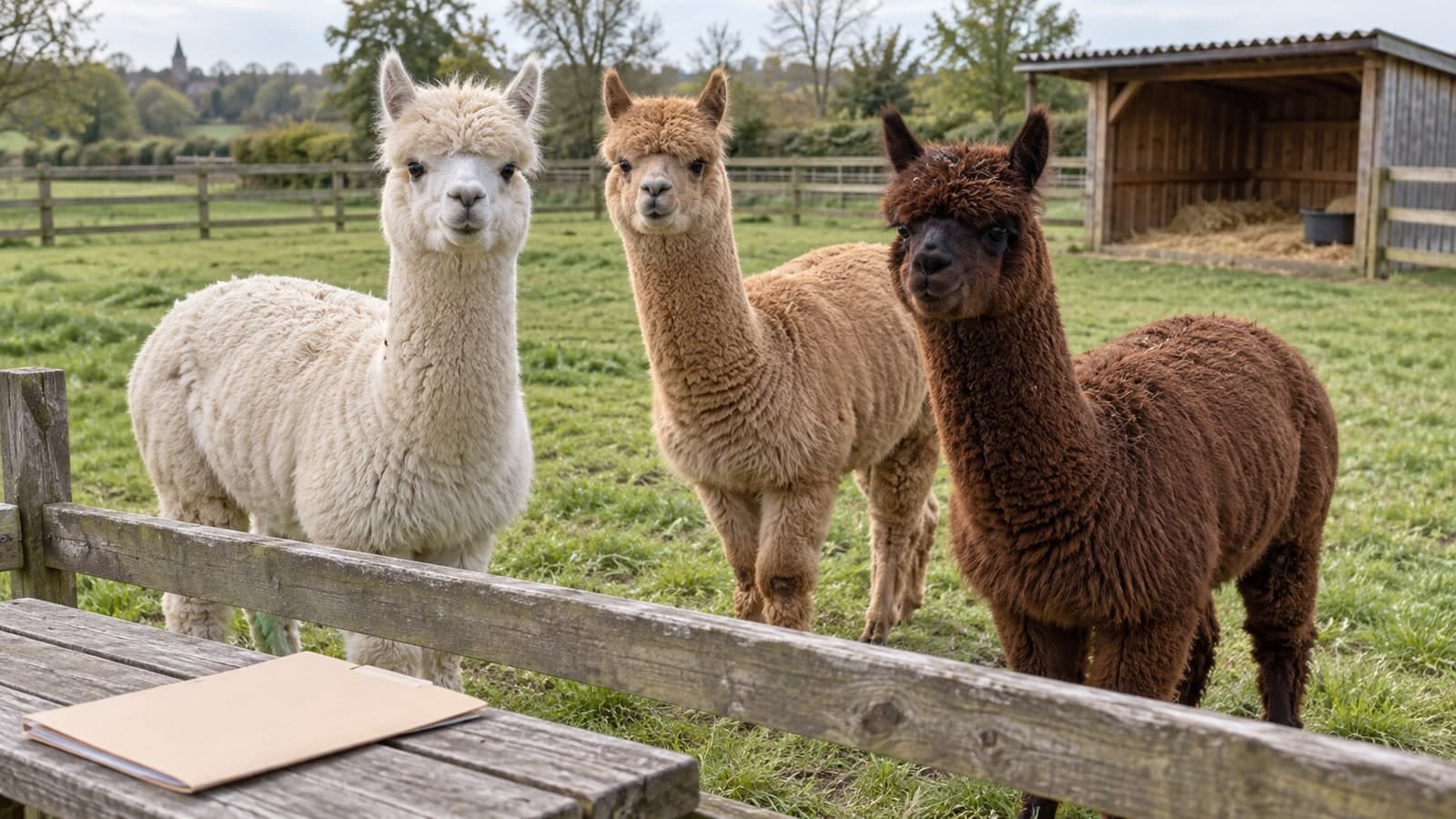 Tre alpaca in un recinto, con una cartellina chiusa su una panca di legno accanto alla recinzione