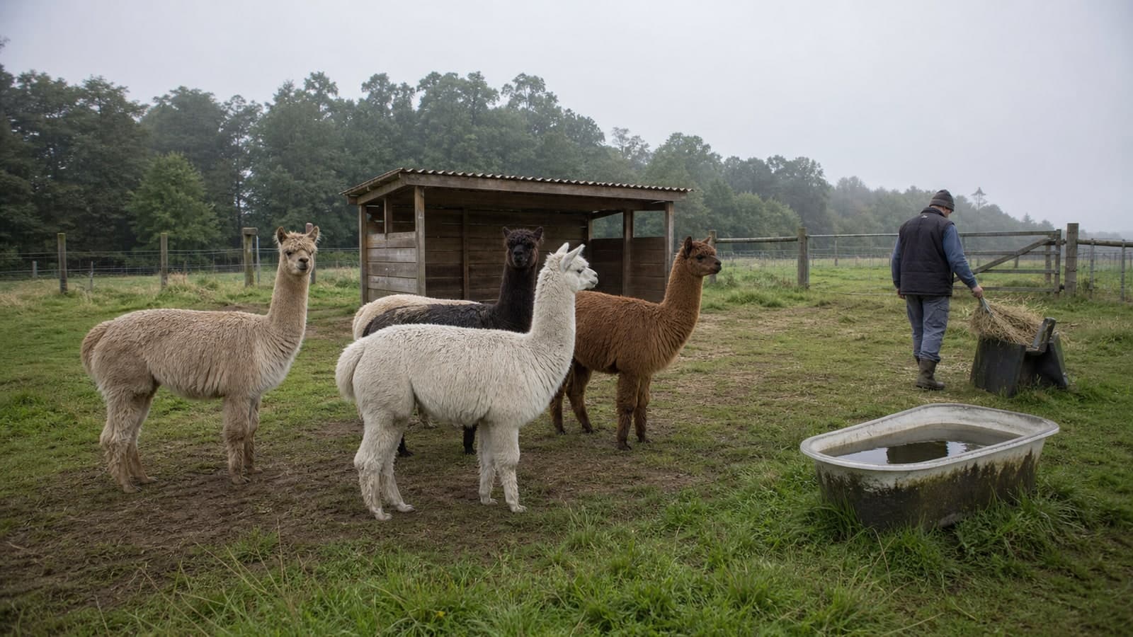 Keeper tending a small alpaca herd beside a field shelter