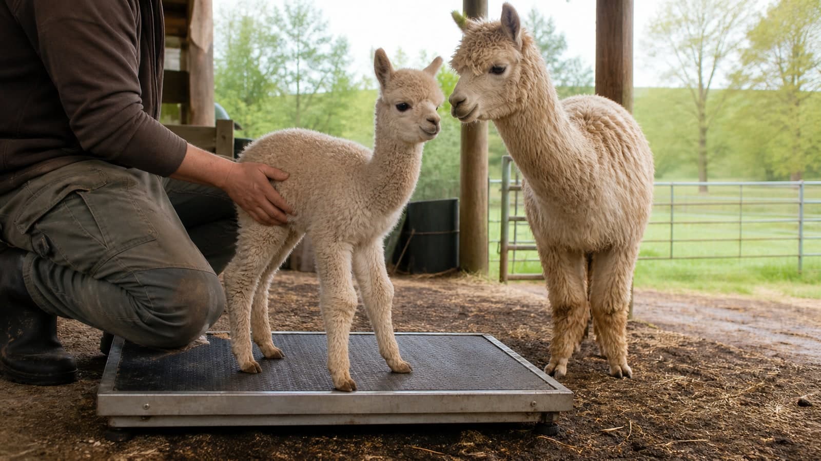 Young cria standing on a livestock scale beside its dam and a handler