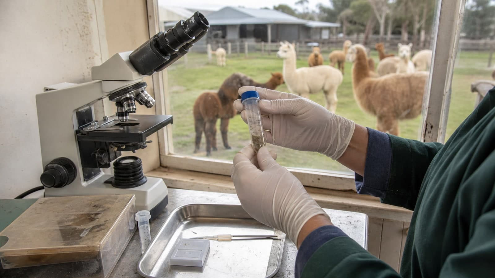 Gloved hands holding a faecal sample beside a microscope for parasite testing