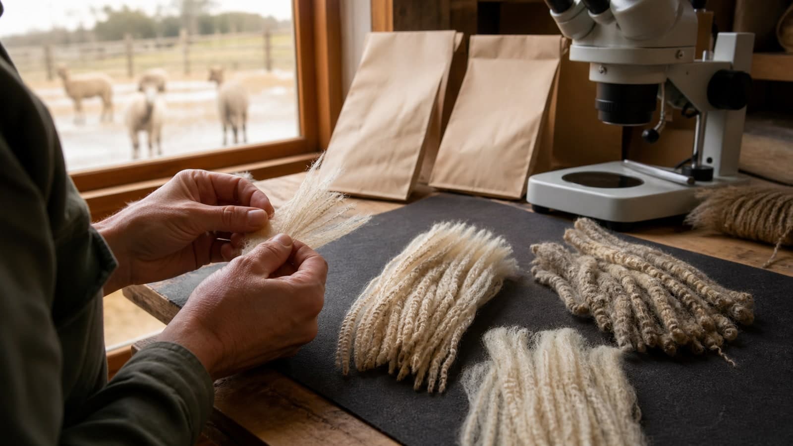 Hands comparing alpaca fibre staples beside a microscope