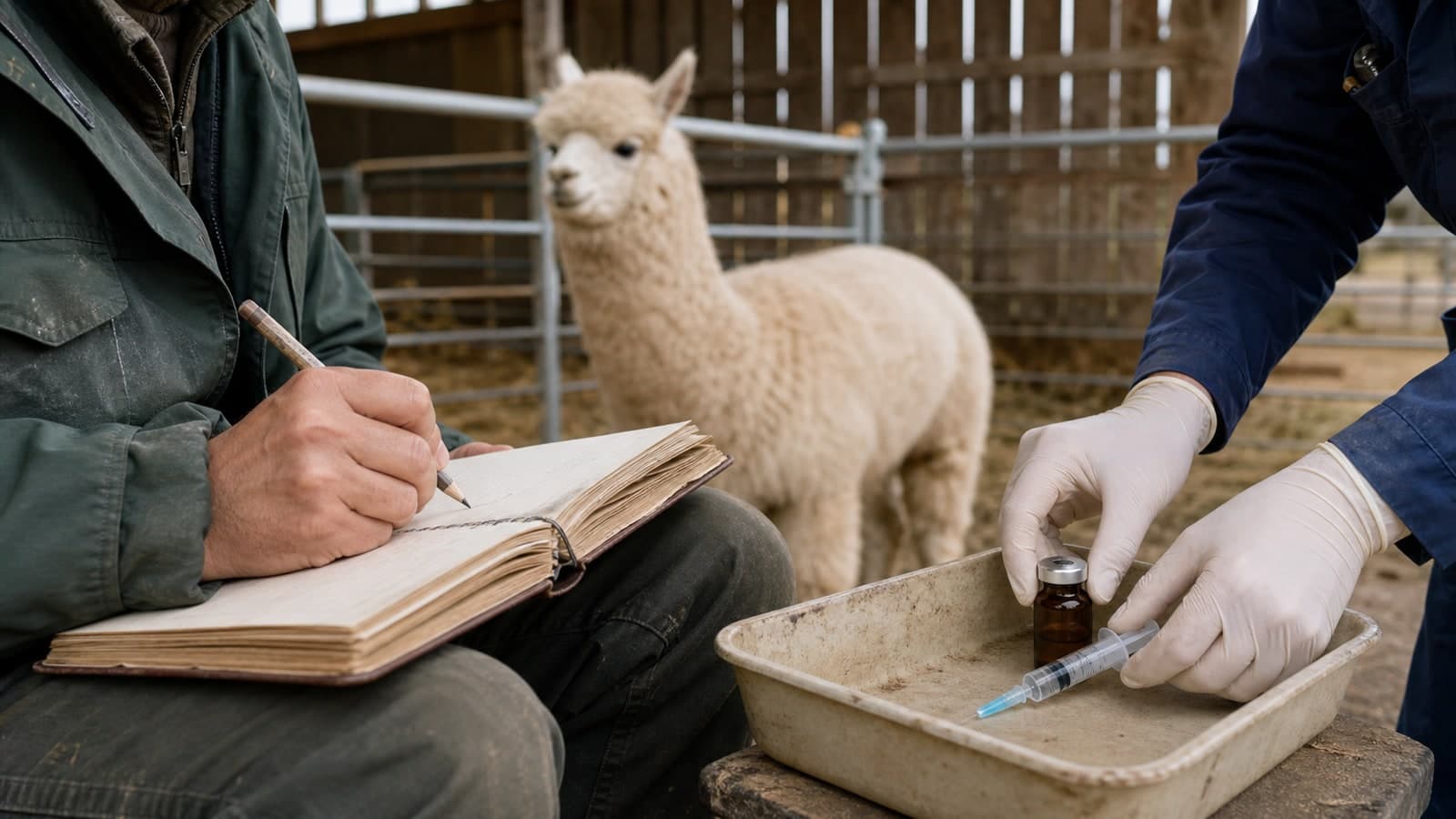 Farm worker writing treatment notes while an injection is prepared beside a cria