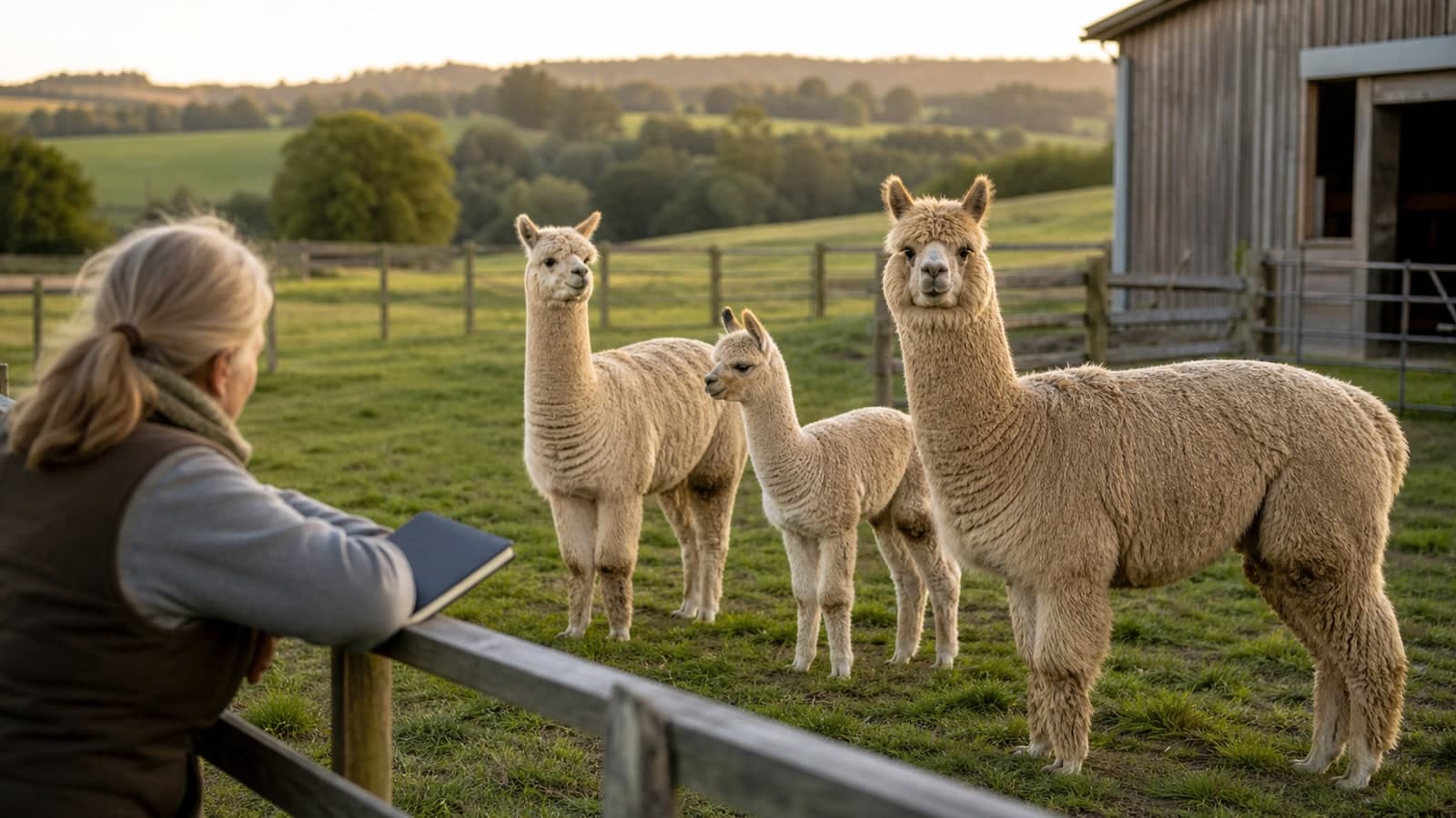 Keeper reviewing herd notes while two adult alpacas and a cria stand in pasture