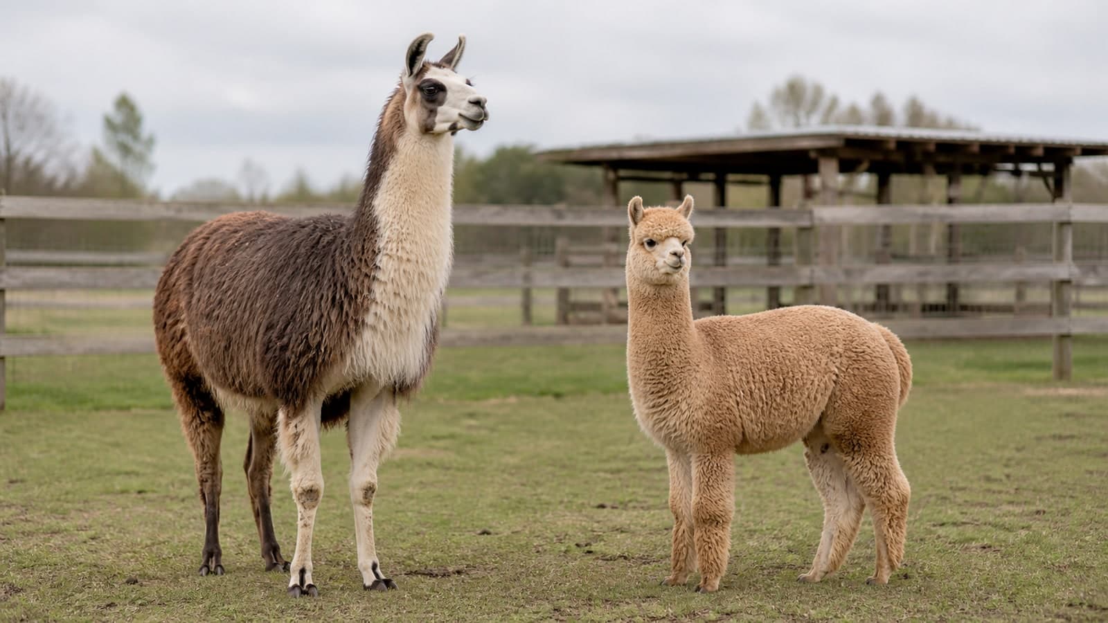 Adult llama and alpaca standing side by side in a paddock, showing their size and coat differences