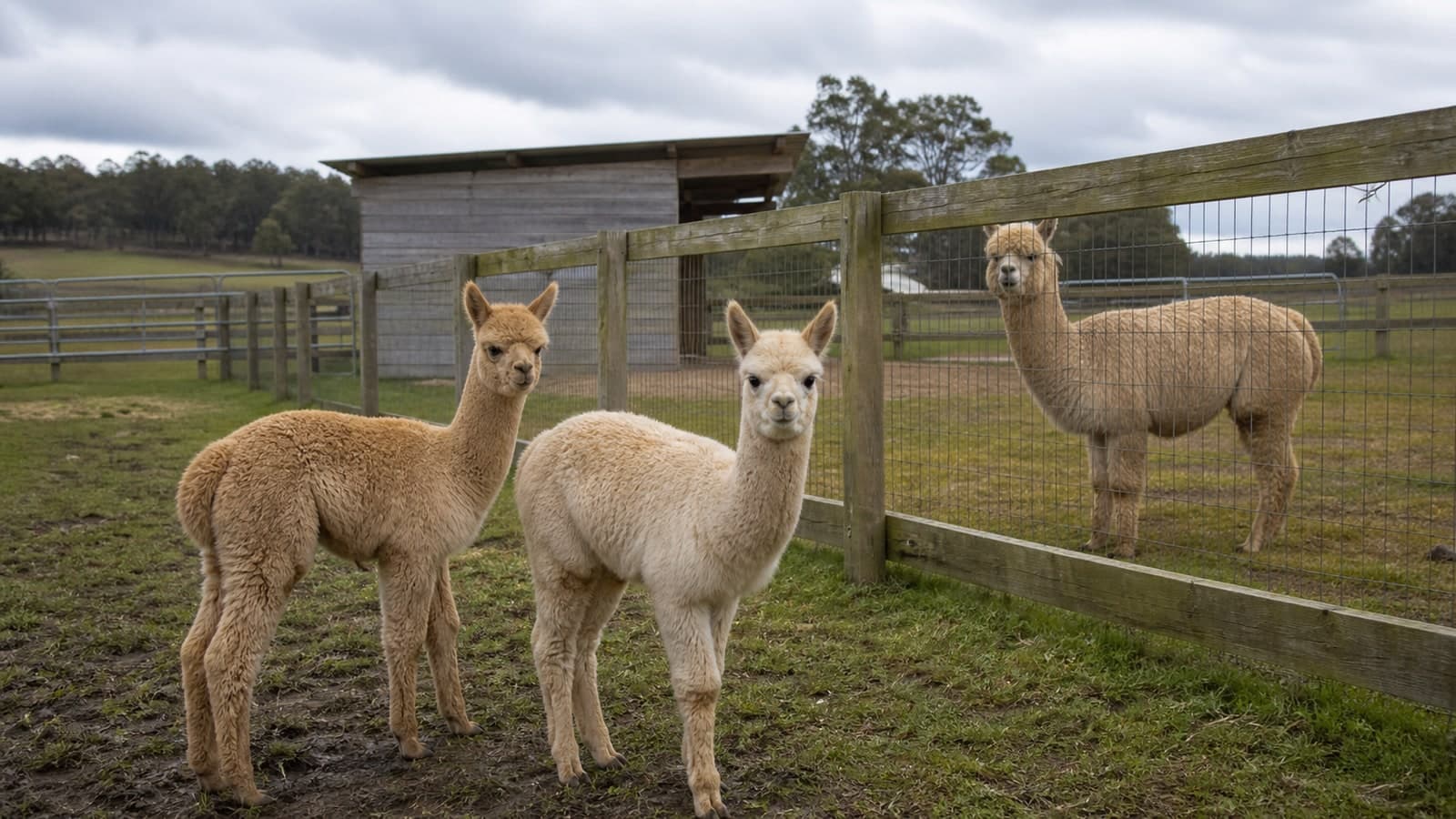 Two young alpacas in the foreground with an adult alpaca behind a fence