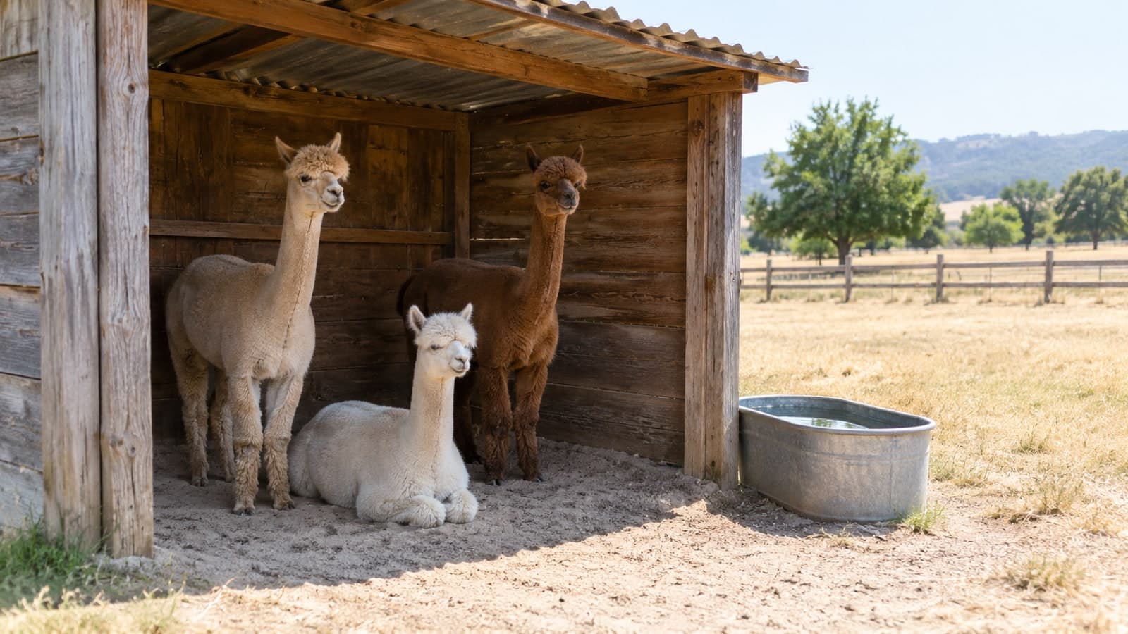 Three alpacas resting in the shade of a wooden field shelter on sand, one lying down, next to a metal water trough and a dry, sunlit paddock