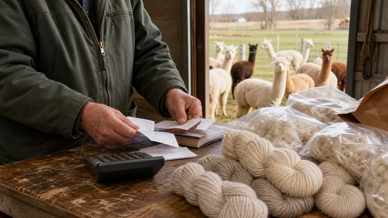 Farm worker sorting receipts beside alpaca yarn and bagged fibre
