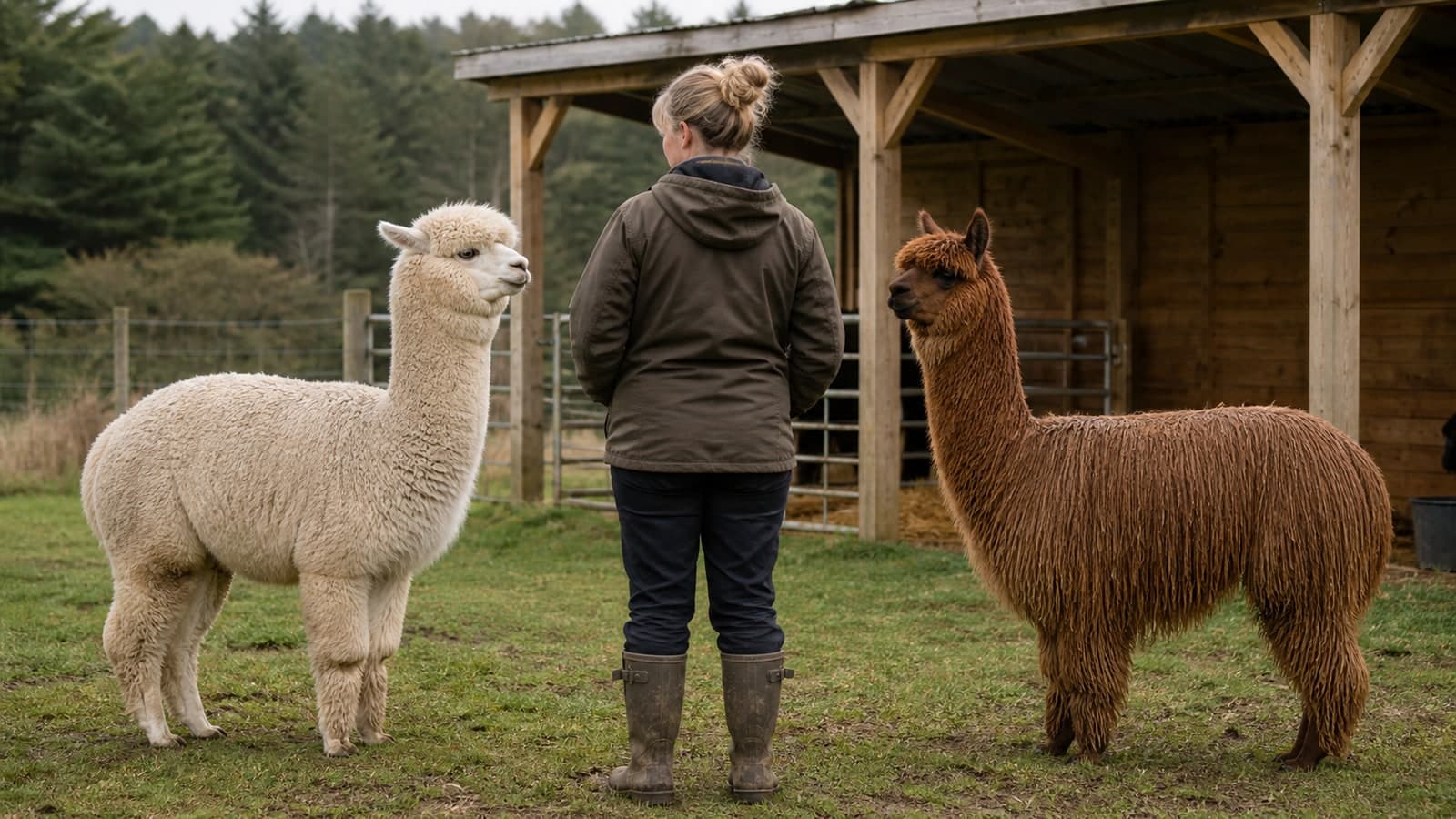Keeper standing between a white and a brown alpaca beside a field shelter
