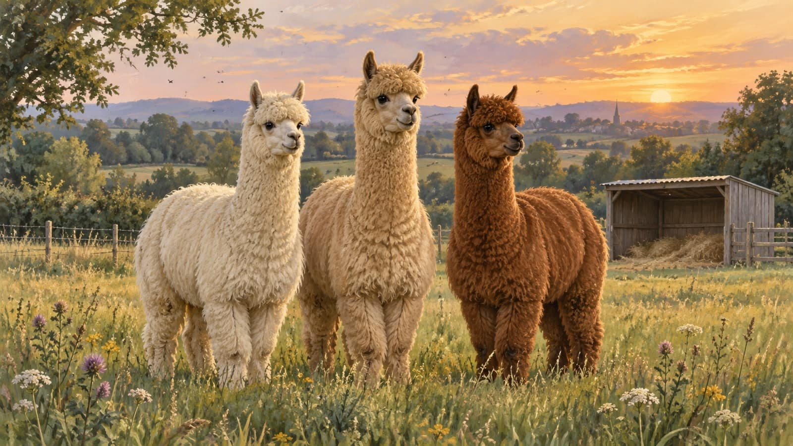Illustrazione di tre alpaca insieme al pascolo al tramonto, con insetti nell'aria della sera