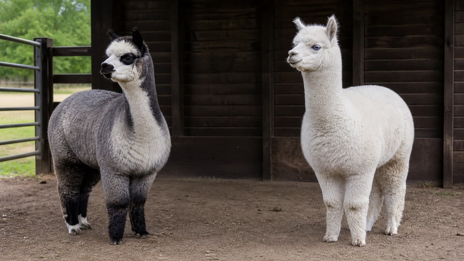 Grey and white alpacas standing side by side in a barn doorway
