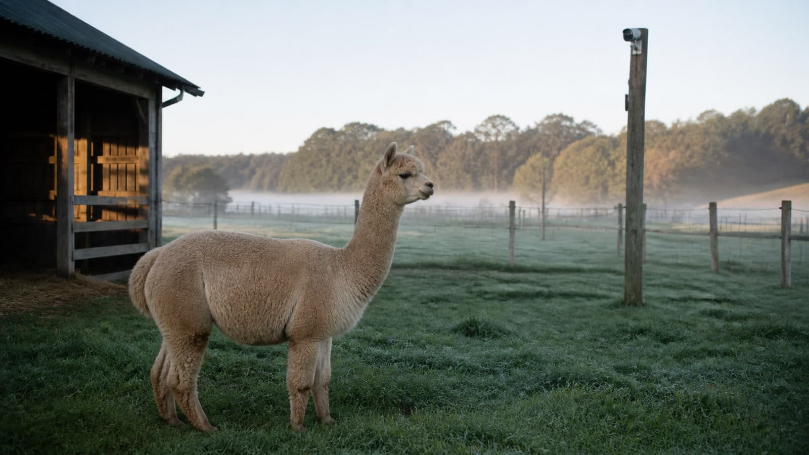 Alpaca standing in a misty pasture at dawn near a field shelter