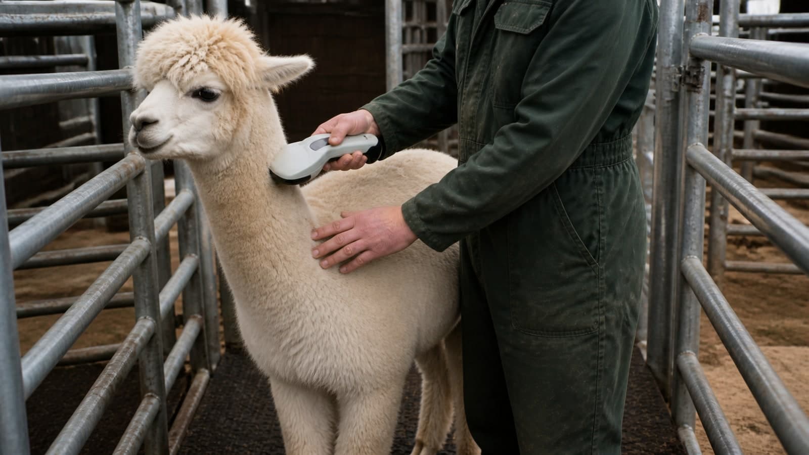 Handler scanning an alpaca's microchip in a narrow livestock handling pen