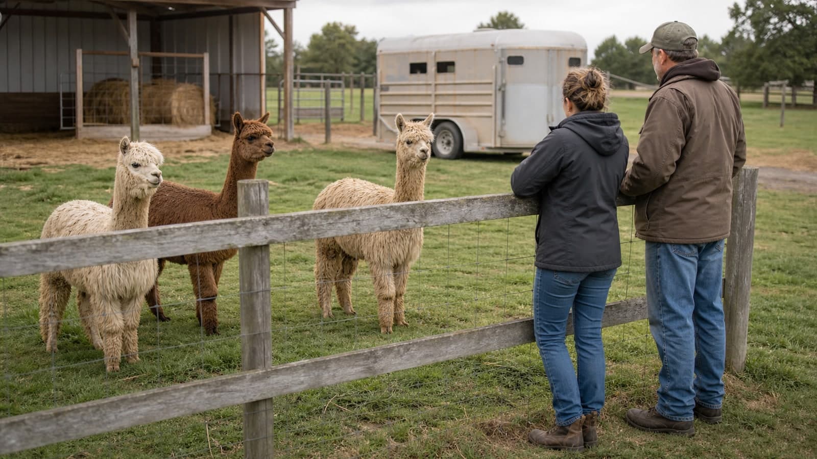 Two people inspecting three alpacas beside a farm gate and livestock trailer