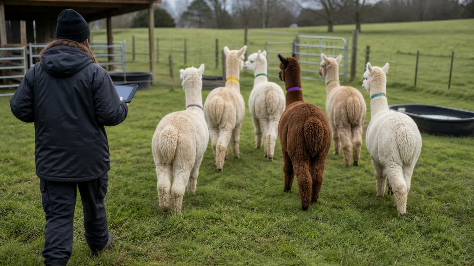 Keeper using a tablet while walking behind a small alpaca herd in pasture
