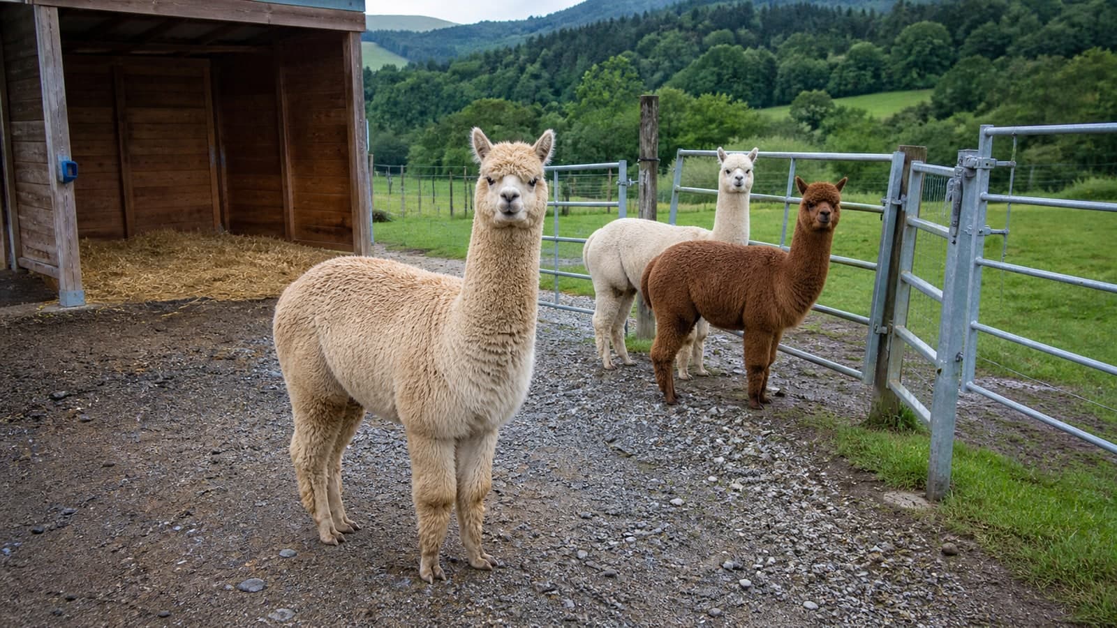 Three alpacas beside a handling gate and timber shelter on a Swiss smallholding