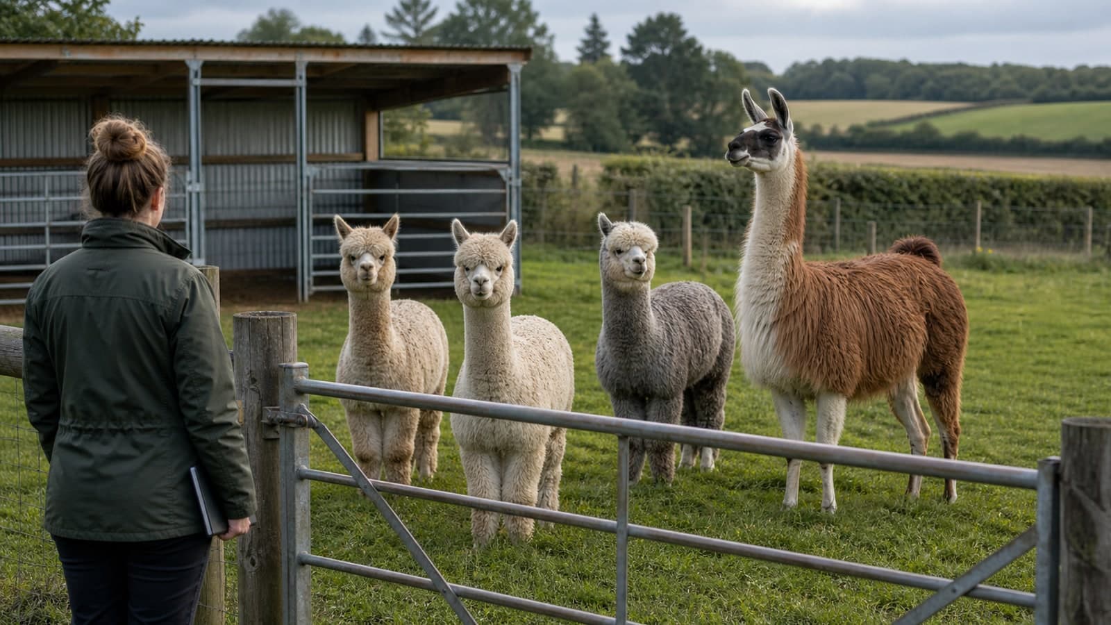 Keeper taking notes at a gate while a llama and several alpacas stand nearby