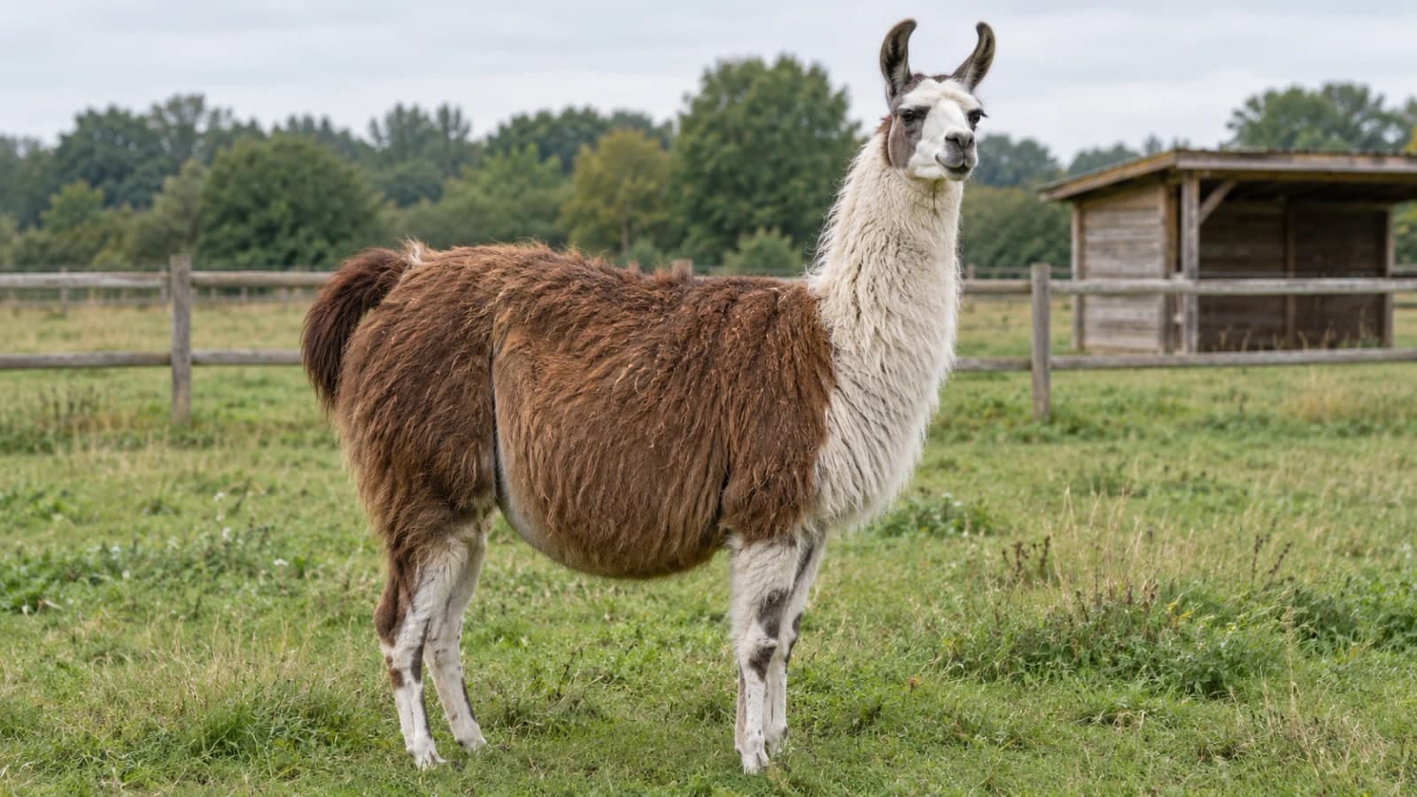 A pregnant llama standing in a grass paddock with a wooden fence and a field shelter behind her