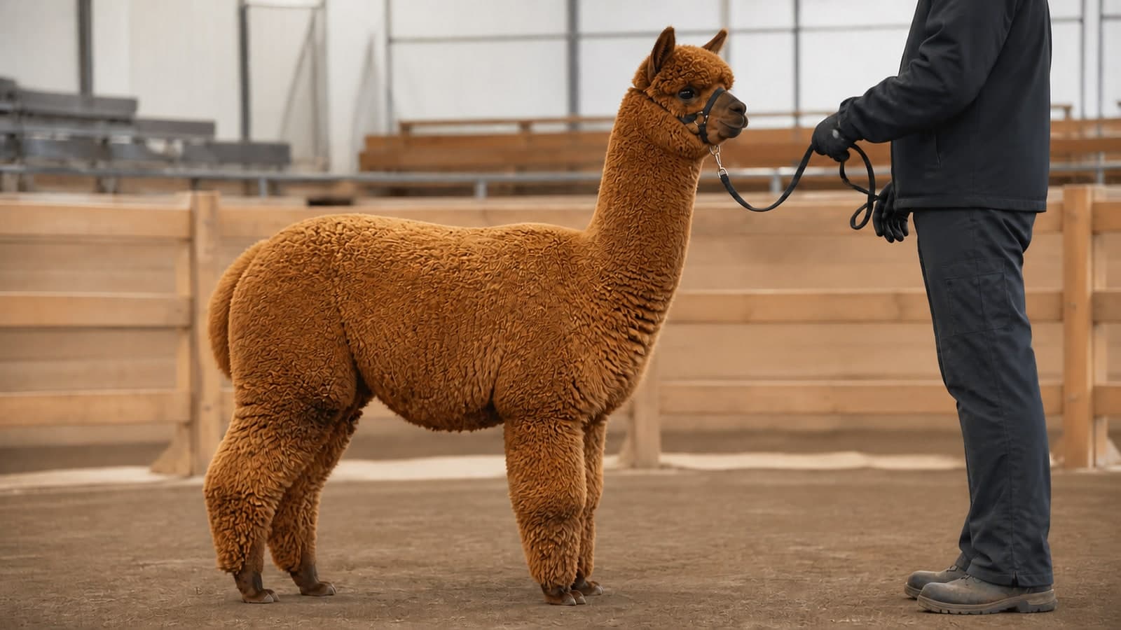 Brown show alpaca standing in profile beside a handler in an indoor ring