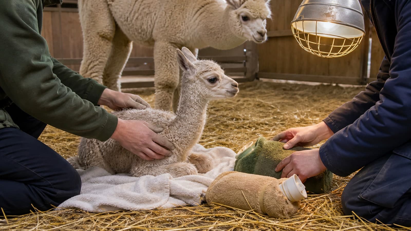 Two handlers giving emergency care to a newborn cria on straw bedding
