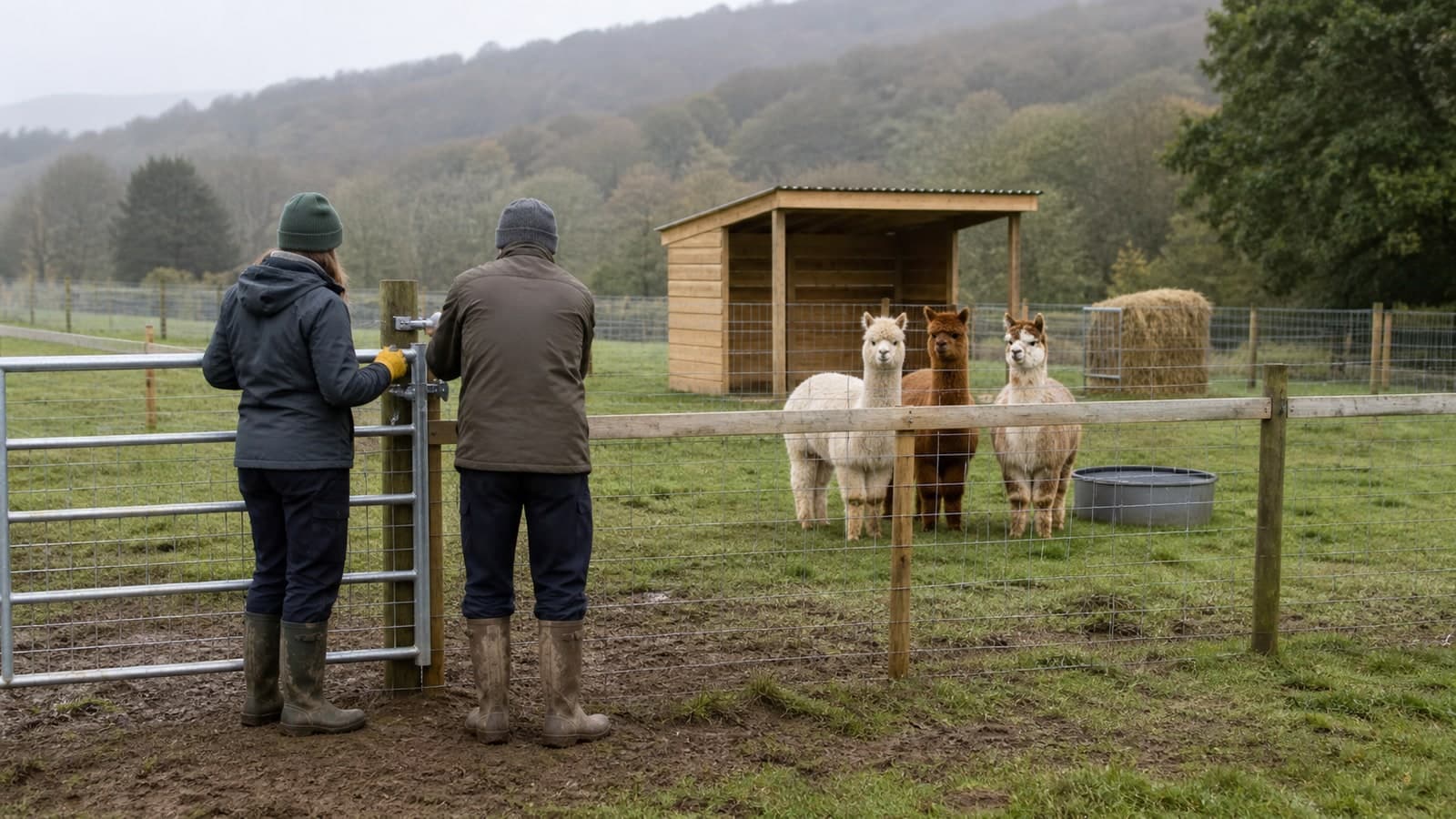Due persone valutano pascolo e ricovero mentre gli alpaca attendono dentro la recinzione