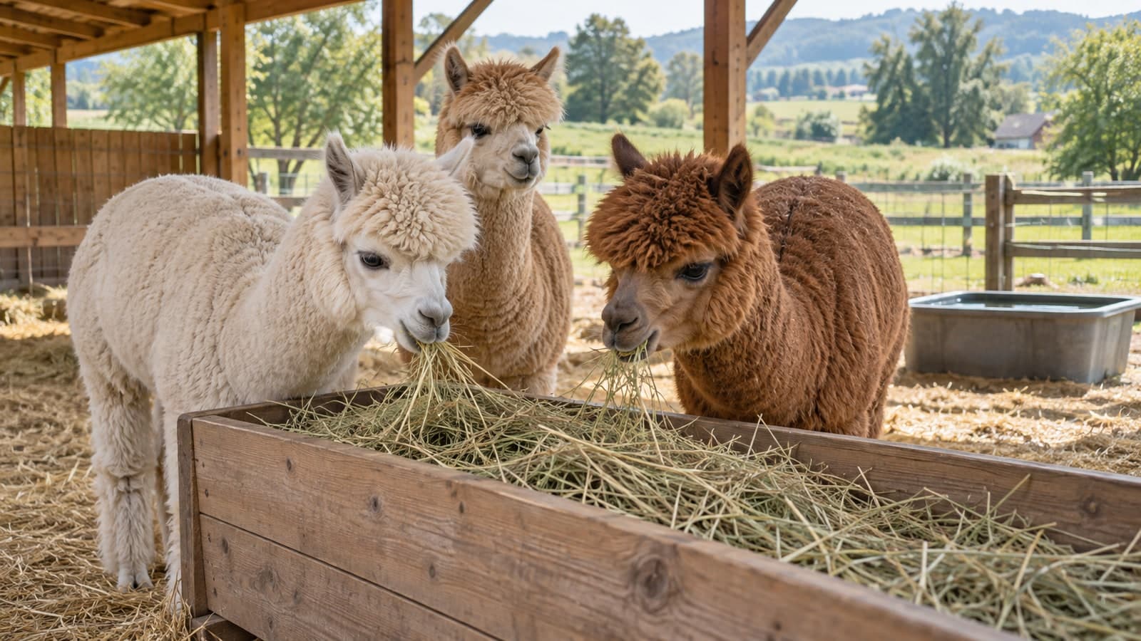 Three alpacas eating grass hay from a wooden trough in an open-sided shelter, with water nearby
