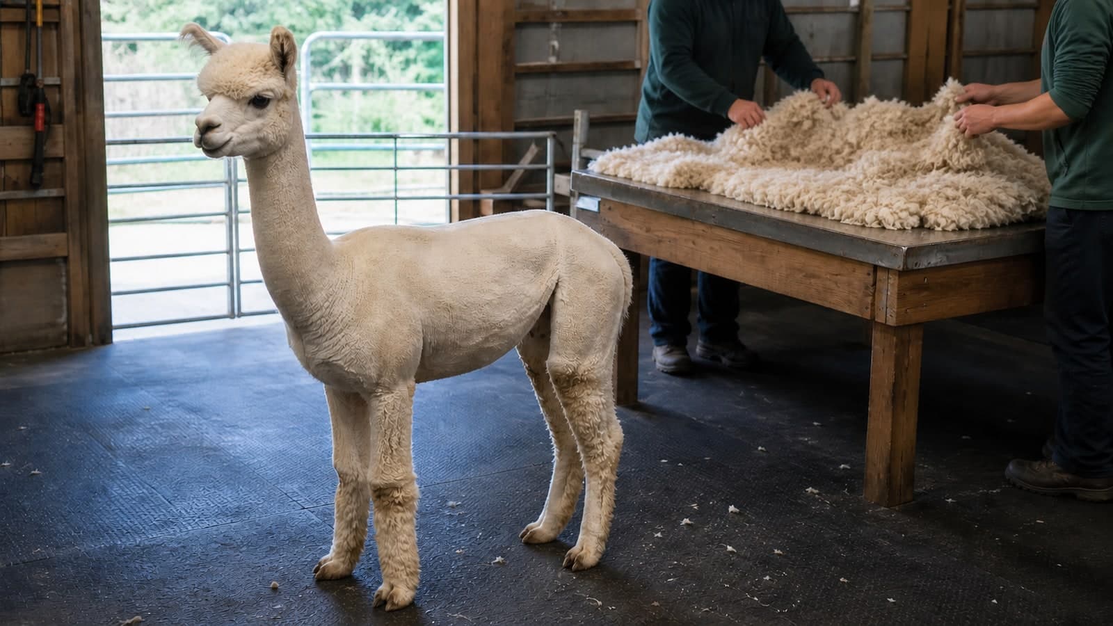Freshly shorn alpaca beside handlers sorting loose fleece on a barn table