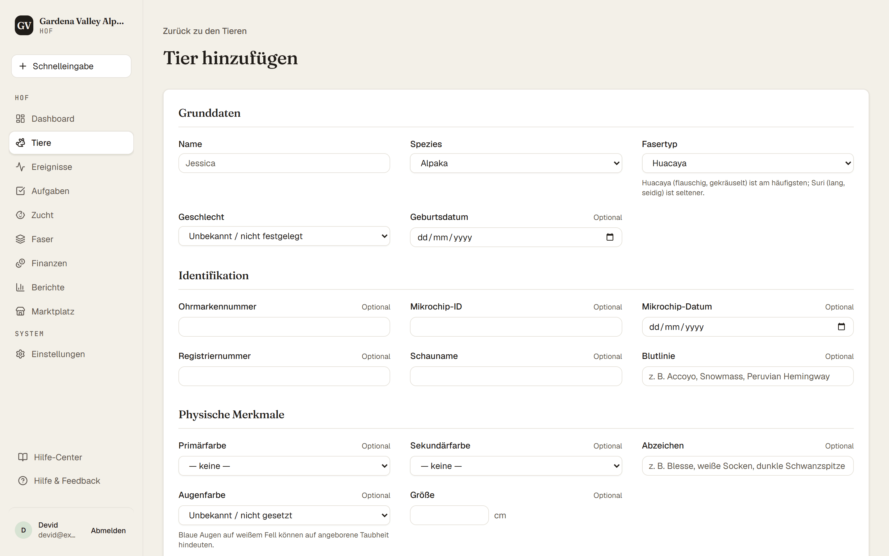 Das Formular zum Hinzufügen eines Tieres