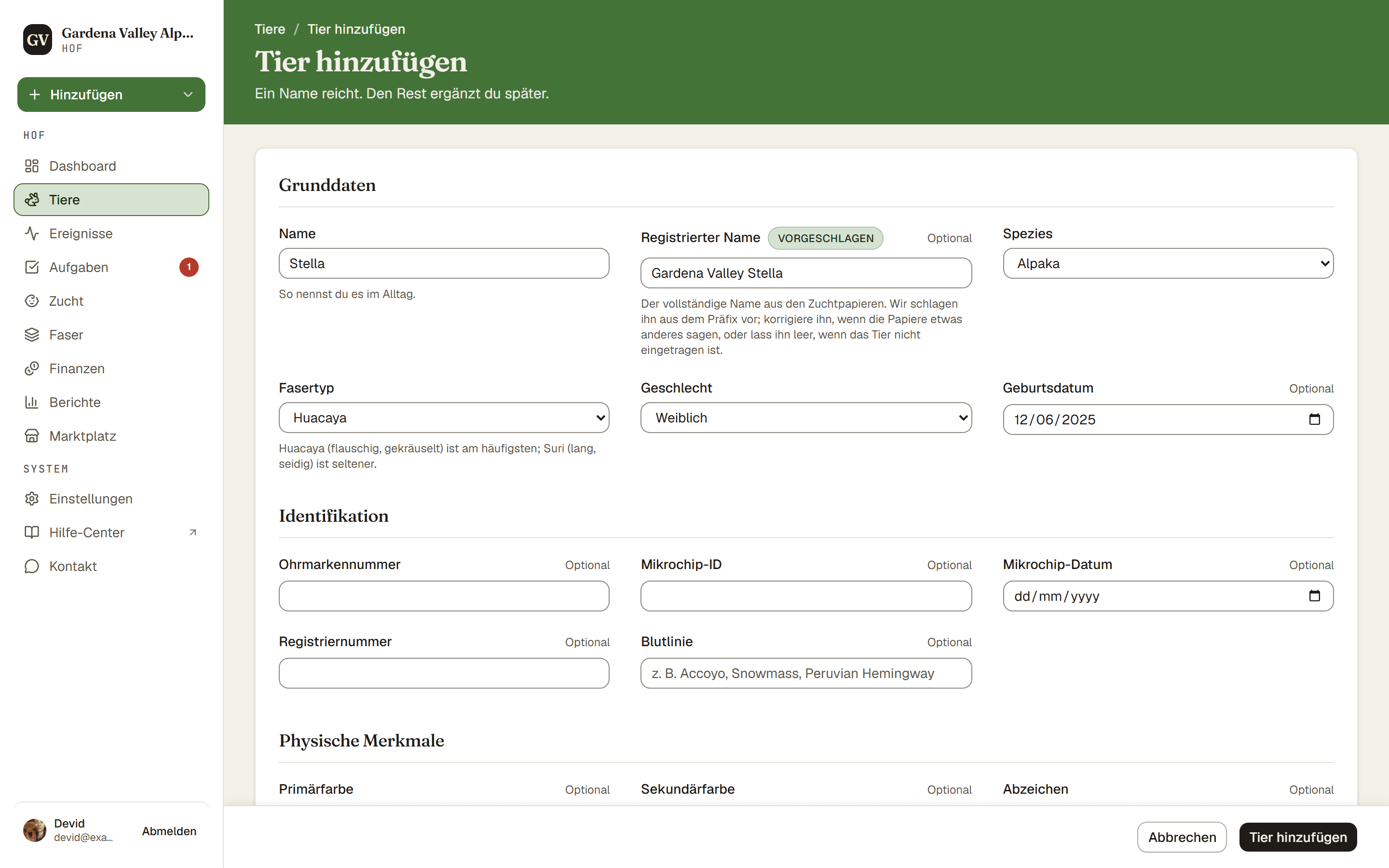 Das Formular zum Hinzufügen eines Tieres
