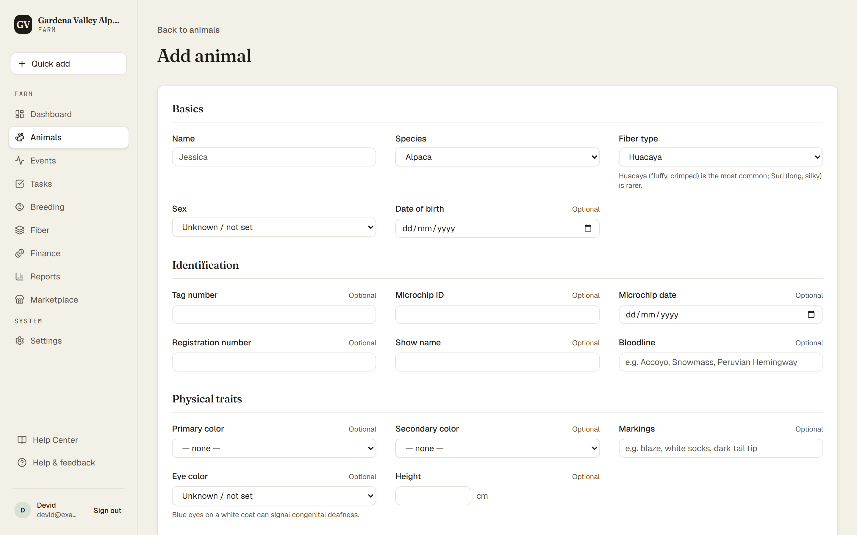 The Add animal form
