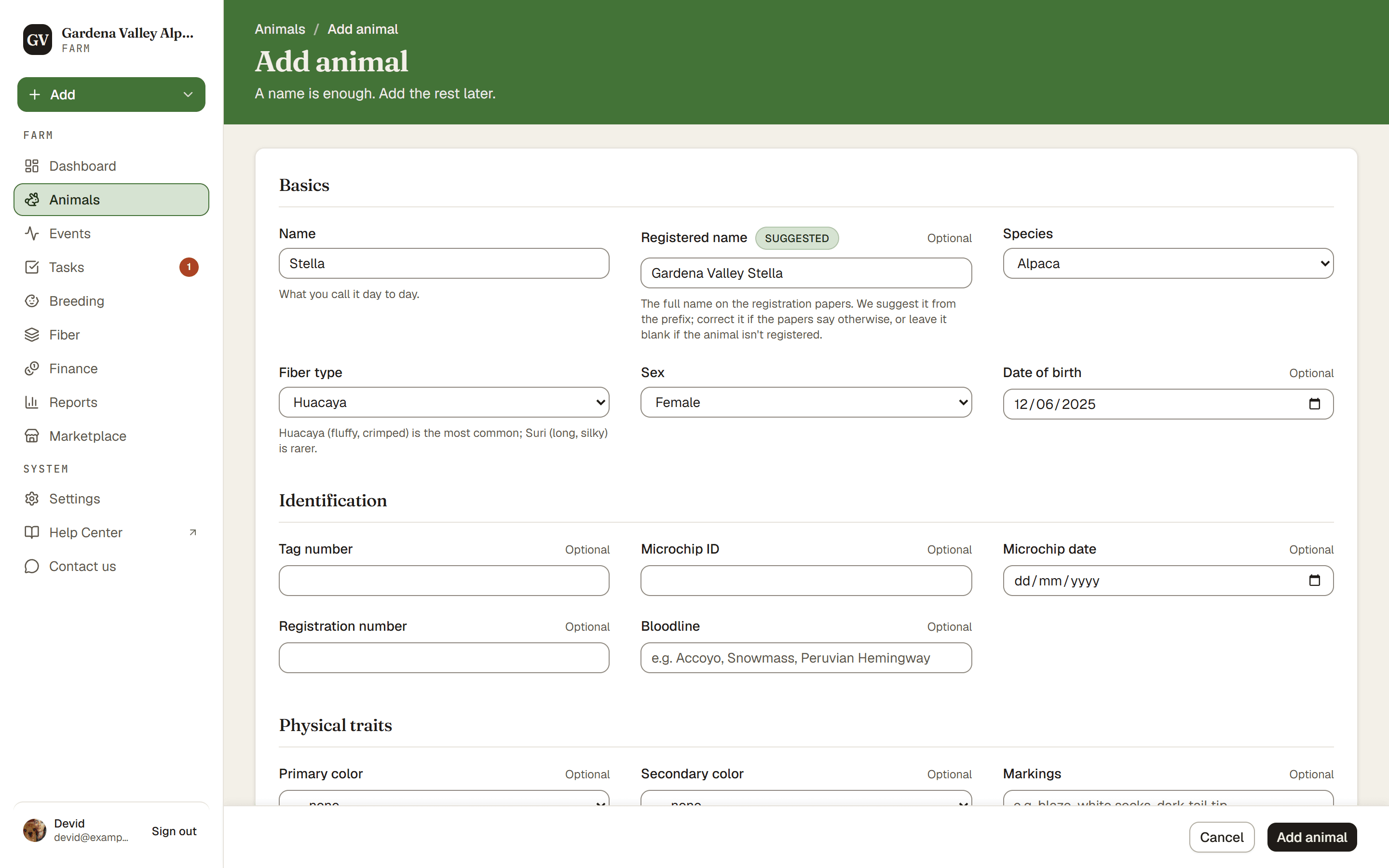 The Add animal form