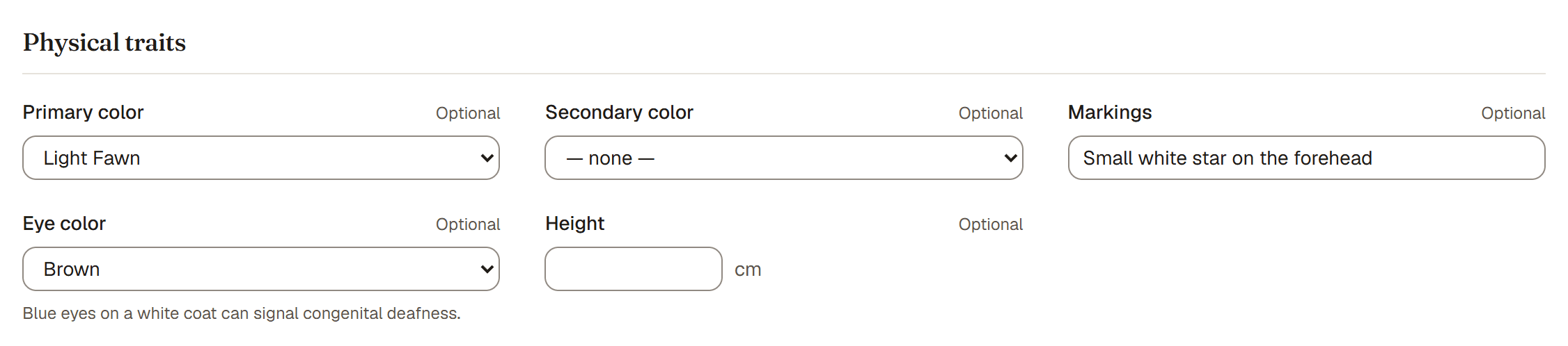 The Physical traits section with primary color, markings and eye color filled in
