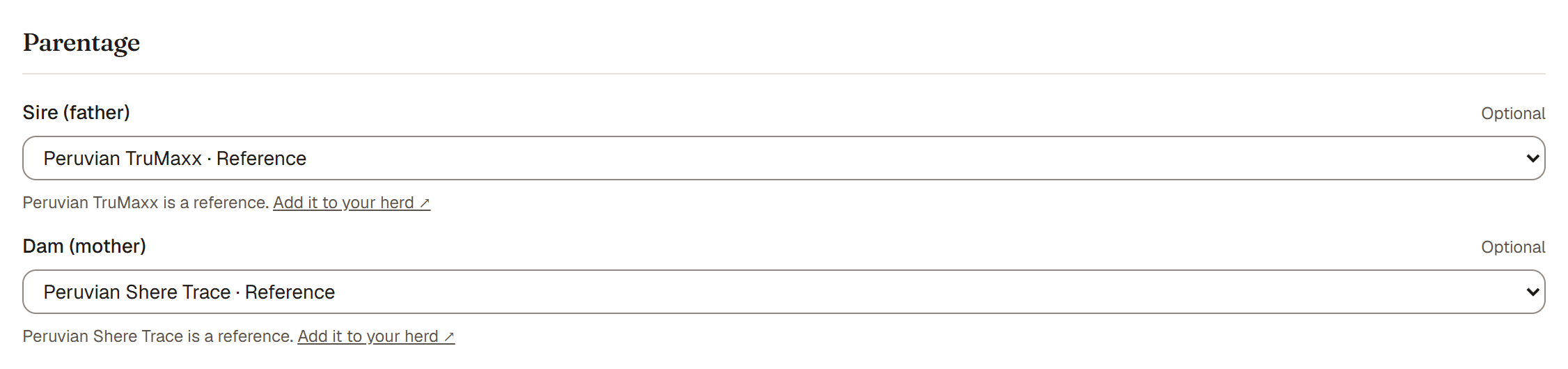 The Parentage section of the edit form, with sire and dam linked