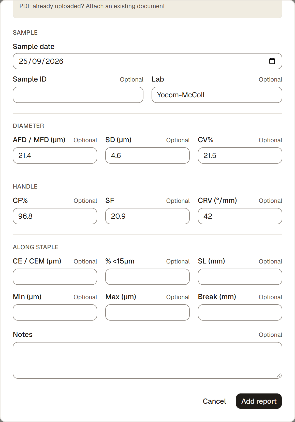 The Add fiber lab report form with the results filled in