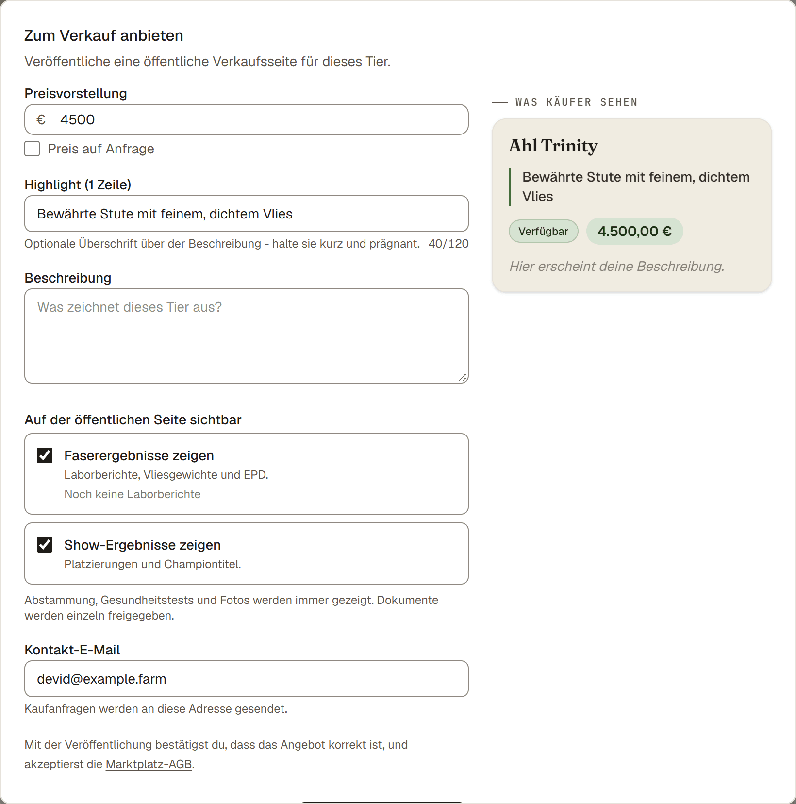 Das Formular Zum Verkauf anbieten mit ausgefüllter Preisvorstellung und Highlight