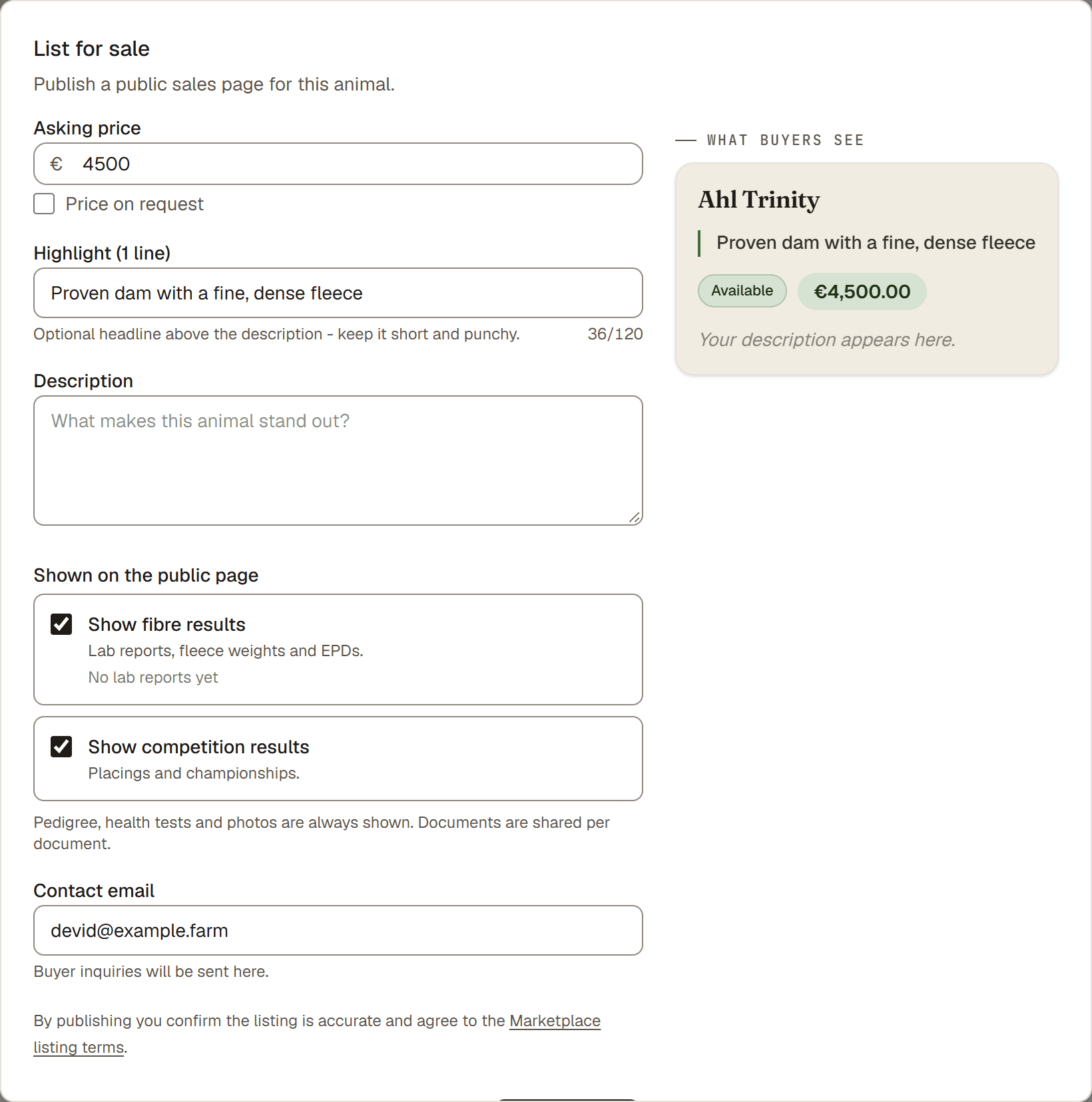 The List for sale form with the asking price and highlight filled in