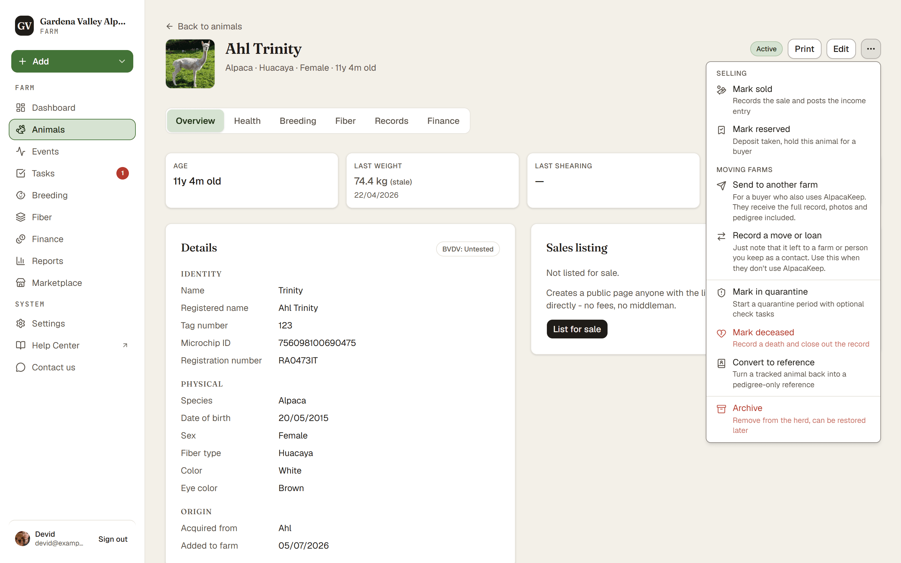The ⋯ menu on an animal profile, with Mark deceased