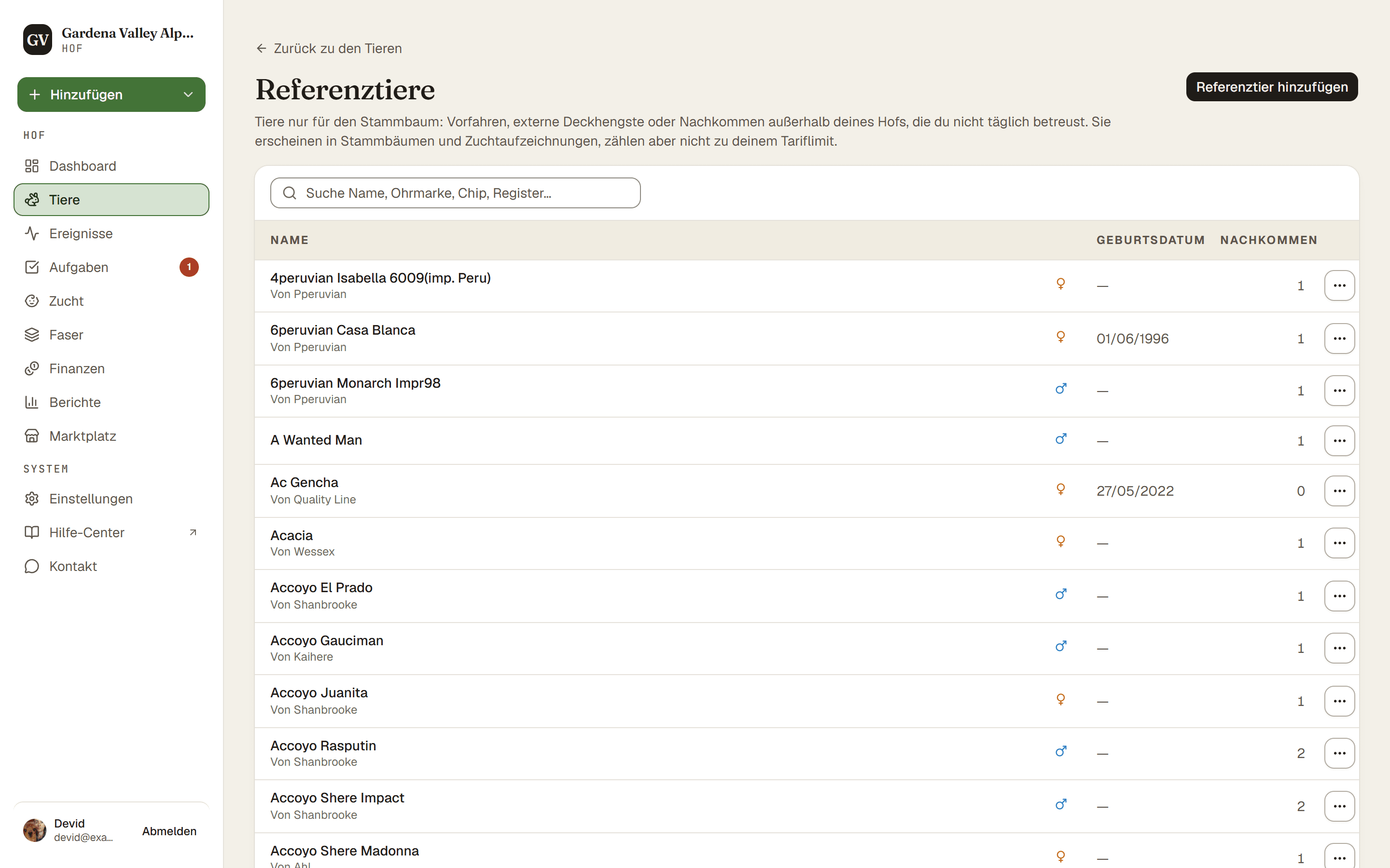 Die Liste der Referenztiere mit dem Button zum Hinzufügen