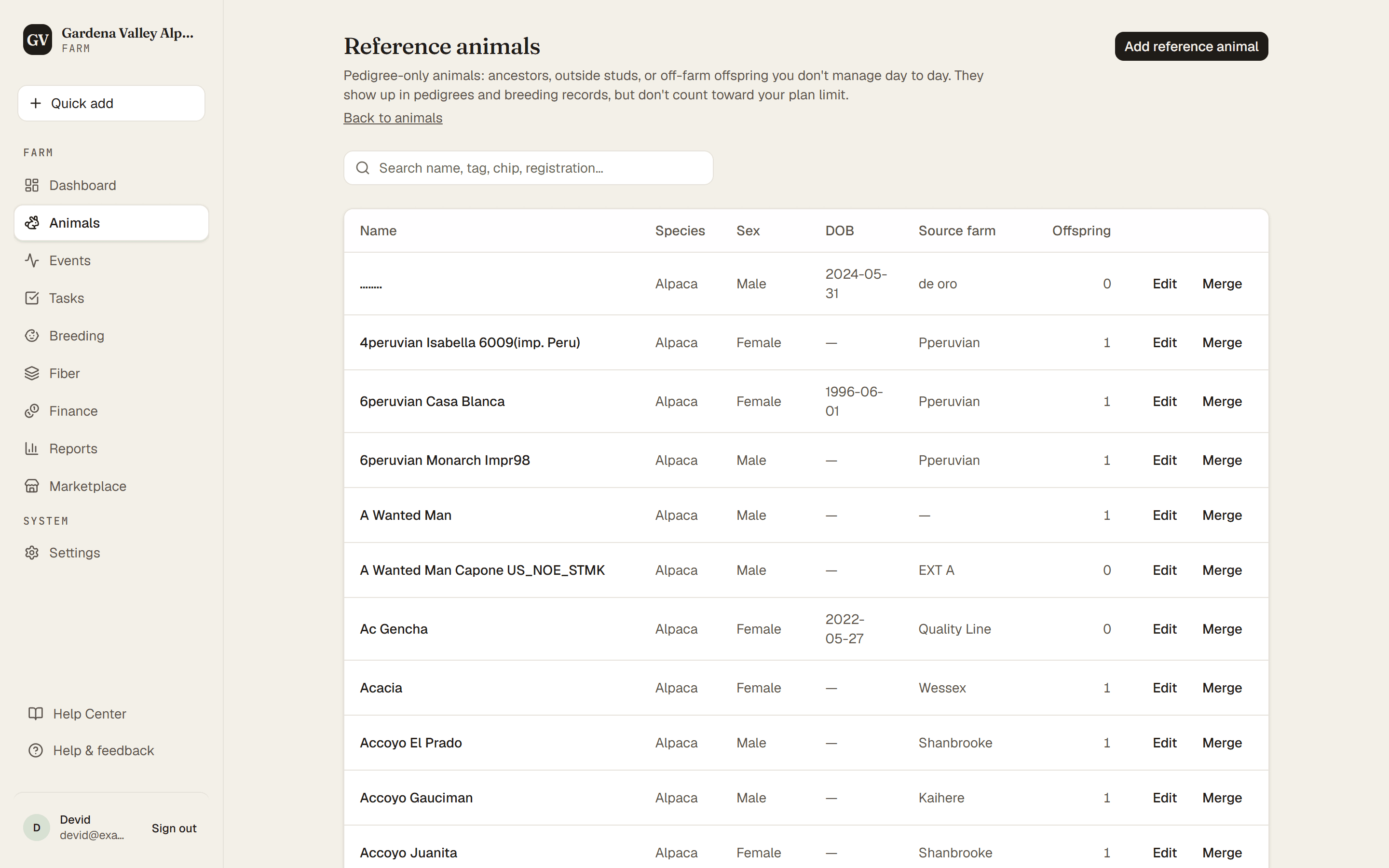 The Reference animals list with the Add reference animal button
