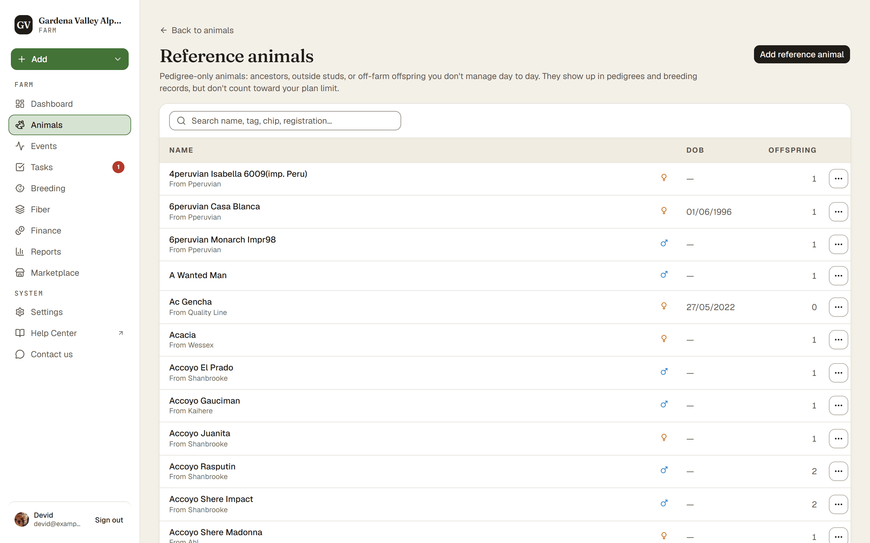 The Reference animals list with the Add reference animal button