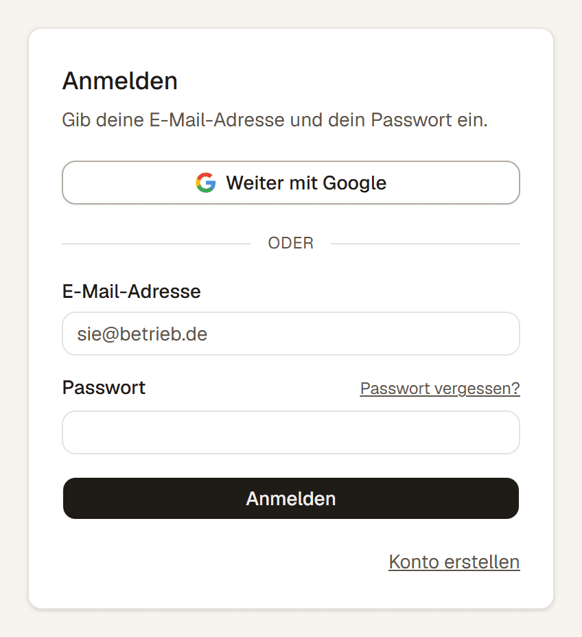 Der Anmeldebildschirm mit den Feldern für E-Mail und Passwort und der Schaltfläche Weiter mit Google