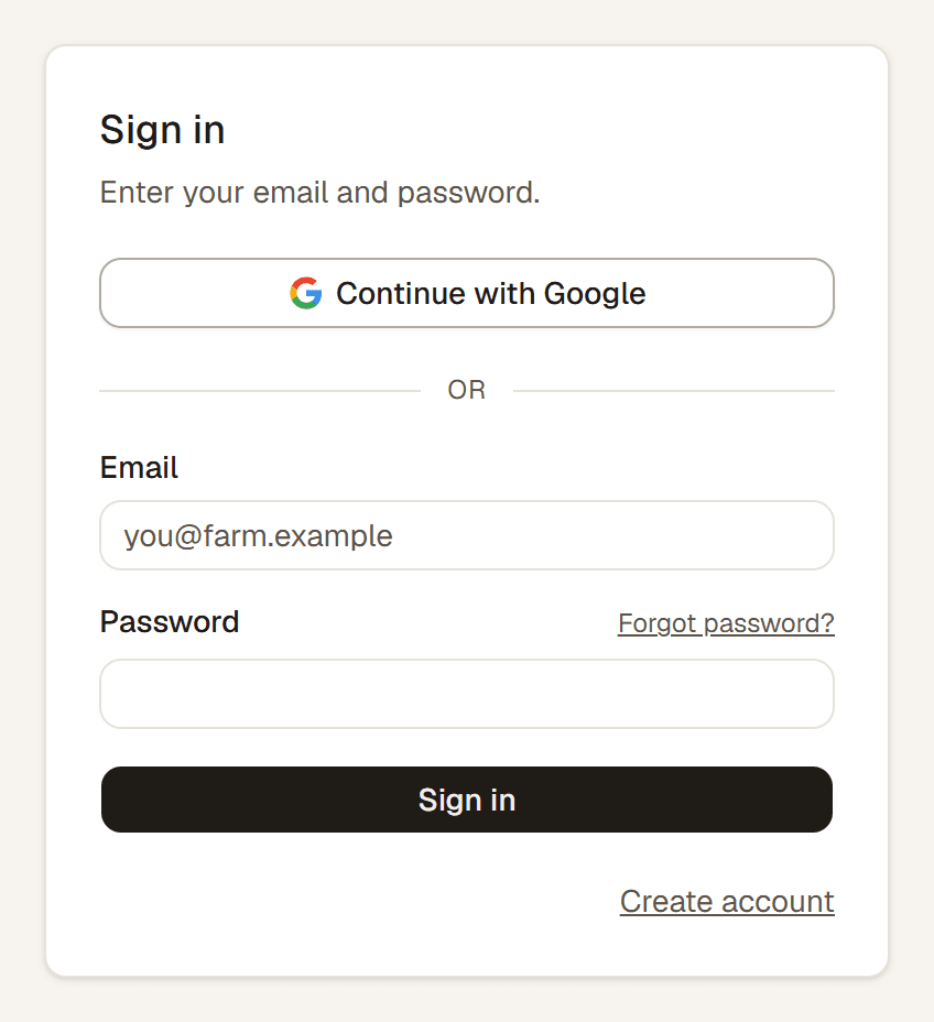 The sign-in screen with the email and password fields and the Continue with Google button