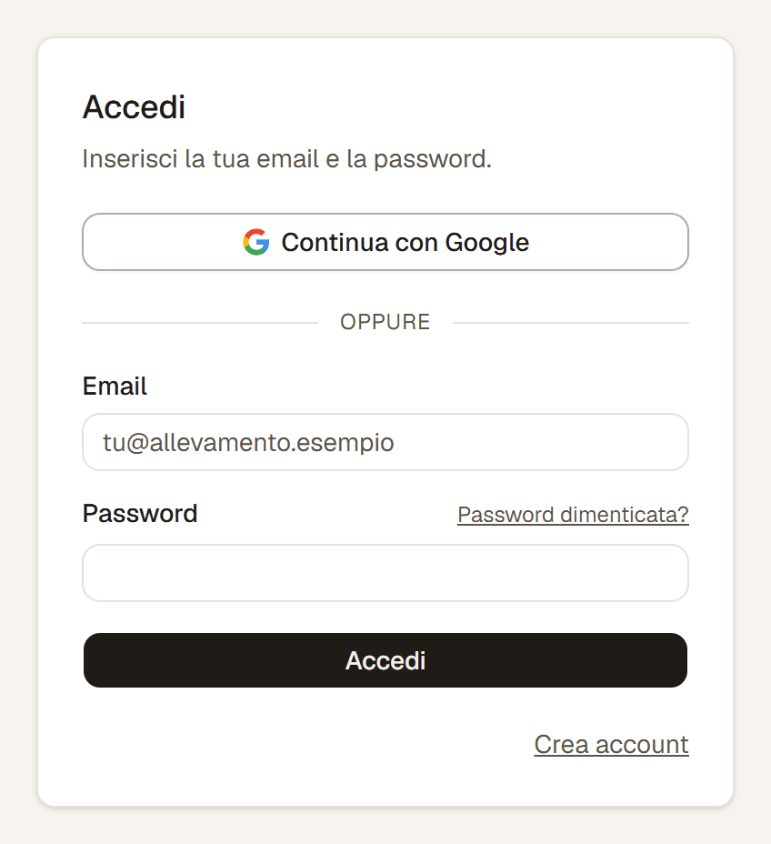 La schermata di accesso con i campi email e password e il pulsante Continua con Google