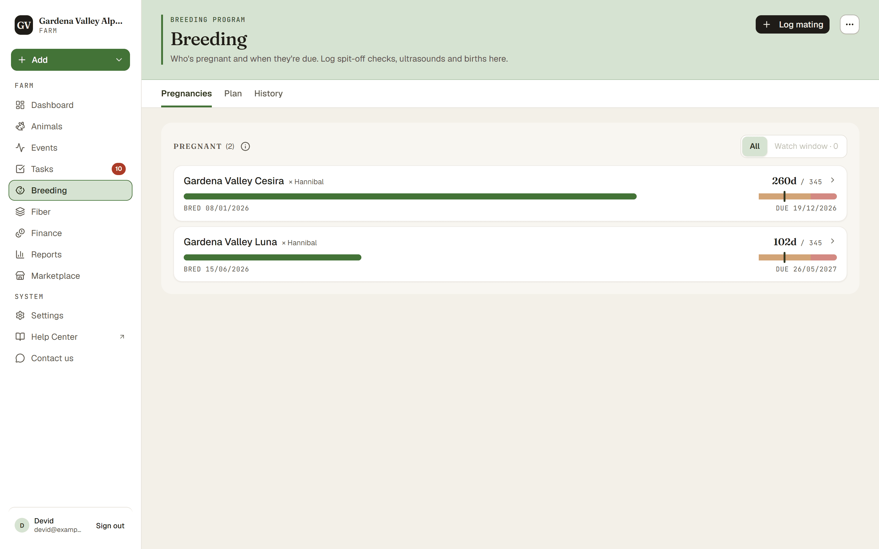 The Breeding hub with its tabs along the top