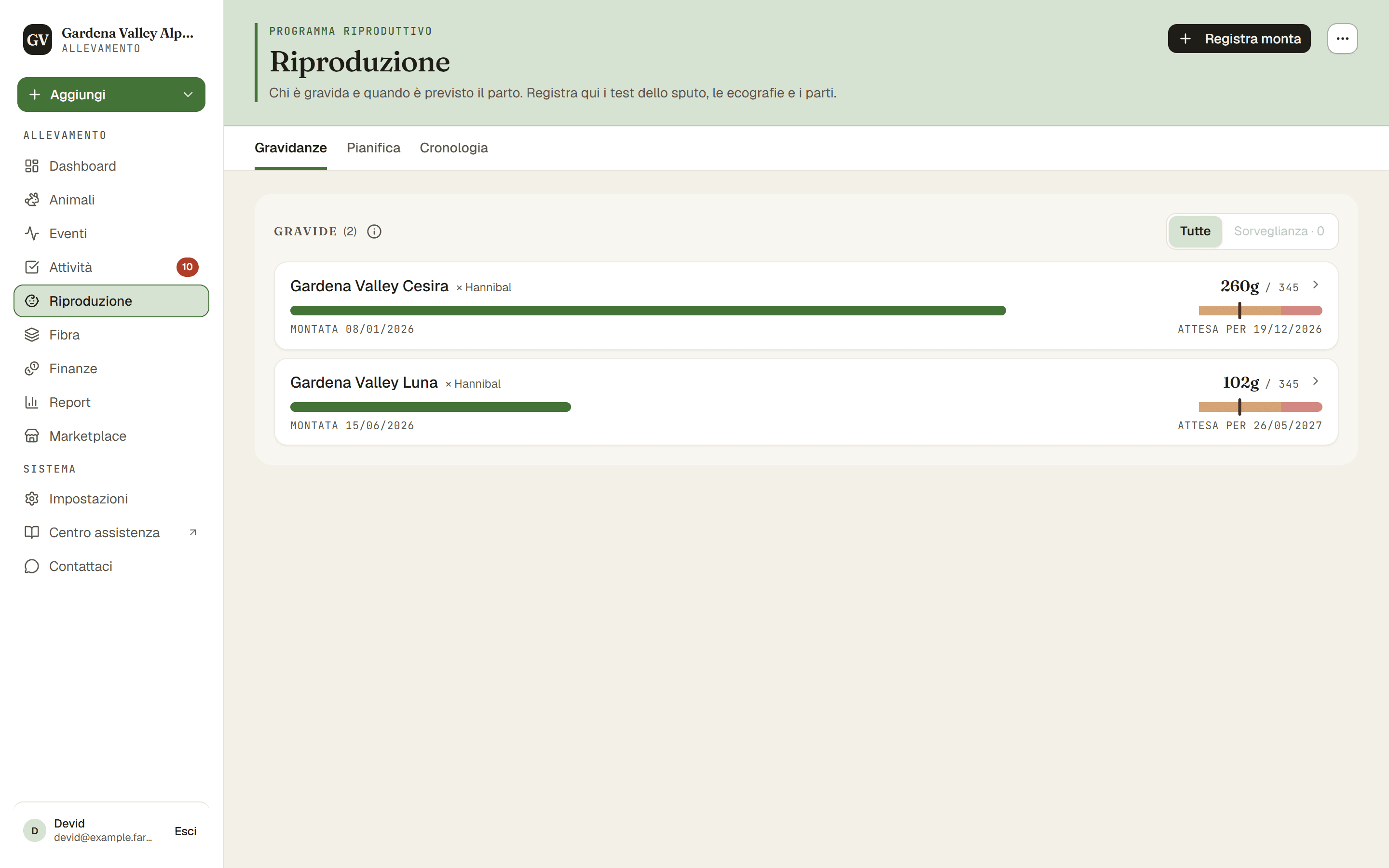 La sezione Riproduzione con le sue schede in alto