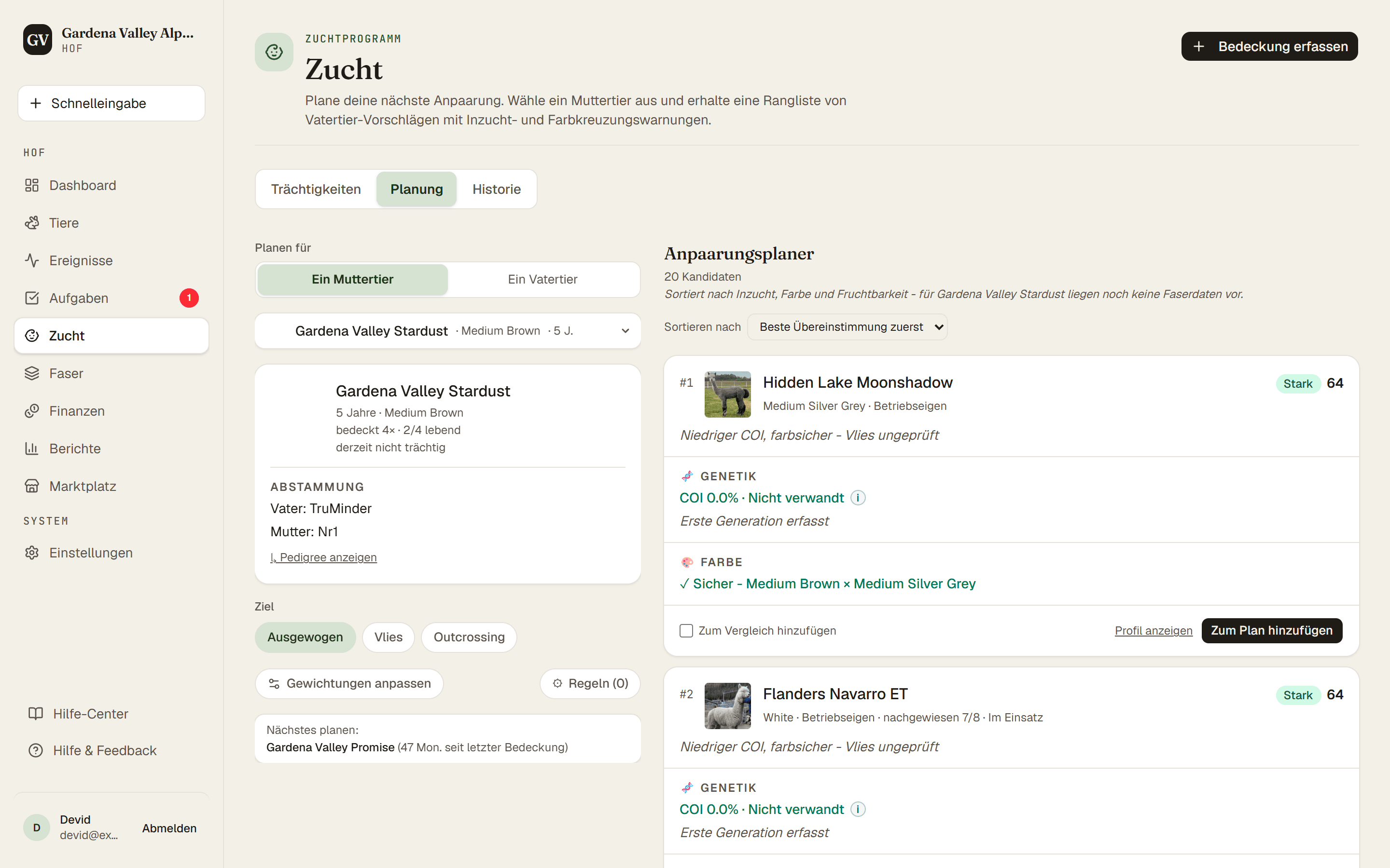 Der Planen-Tab mit ausgewähltem Muttertier und bewerteten Vatertier-Vorschlägen darunter