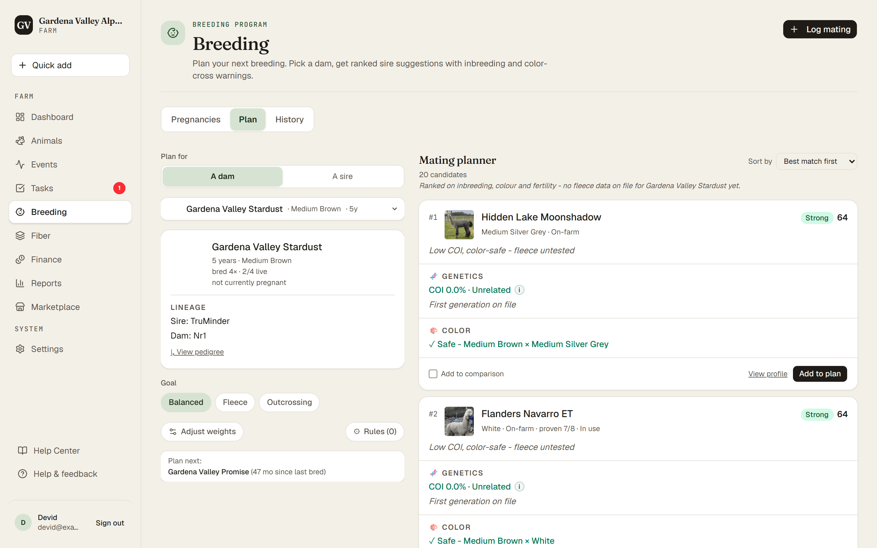 The Plan tab with a dam selected and ranked sire suggestions below