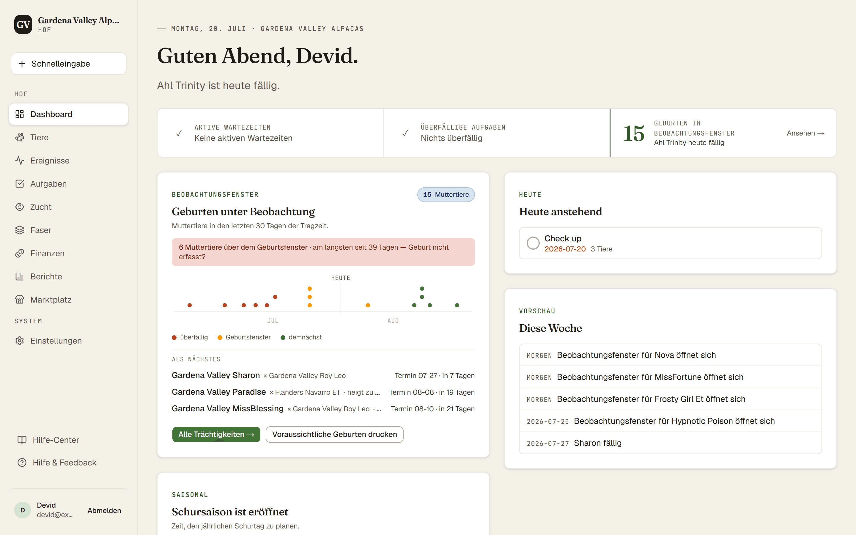 Das Dashboard mit dem Hauptmenü links und den Überblickskarten: aktive Wartezeiten, überfällige Aufgaben und Geburten im Beobachtungsfenster